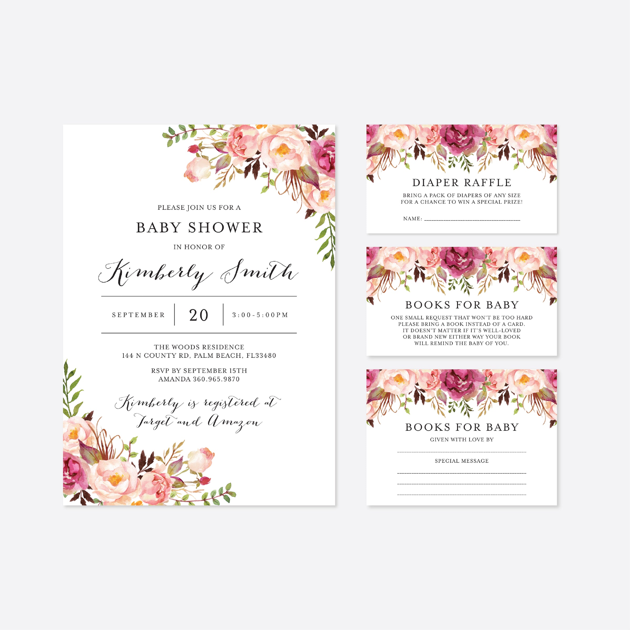 Pink Floral Baby Shower Printables