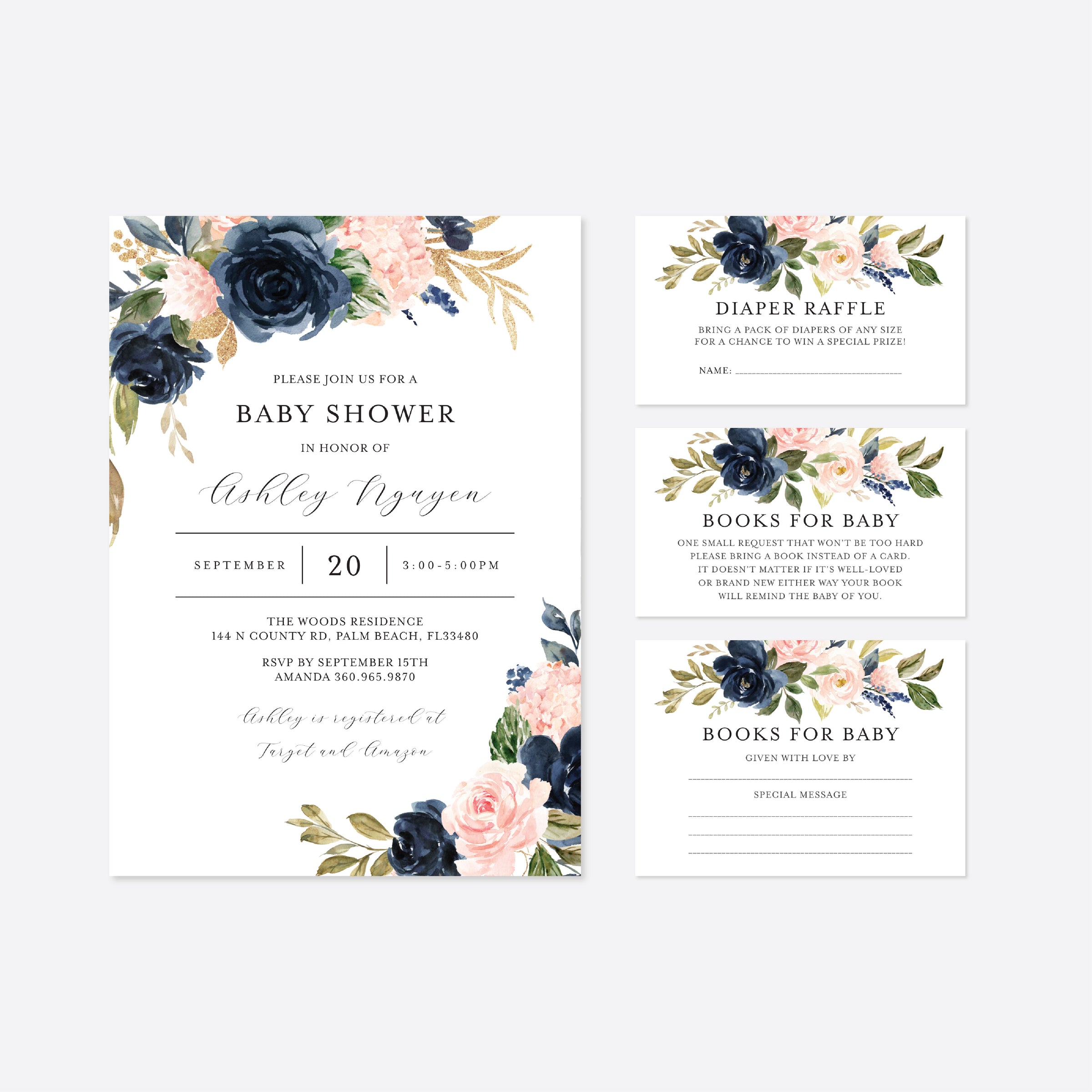 Navy Blush Baby Shower Printables