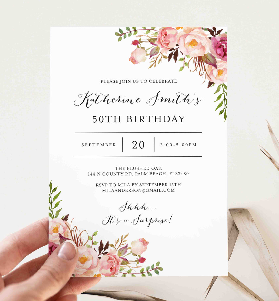 Pink Floral Adult Birthday Invitation Printable