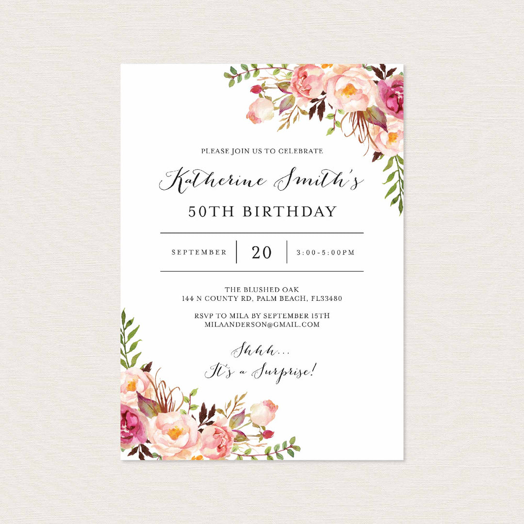 Pink Floral Adult Birthday Invitation Printable