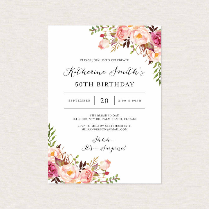 Pink Floral Adult Birthday Invitation Printable