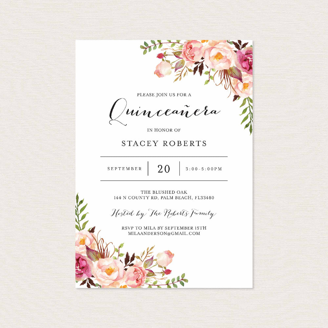 Pink Floral Quinceañera Invitation Printable