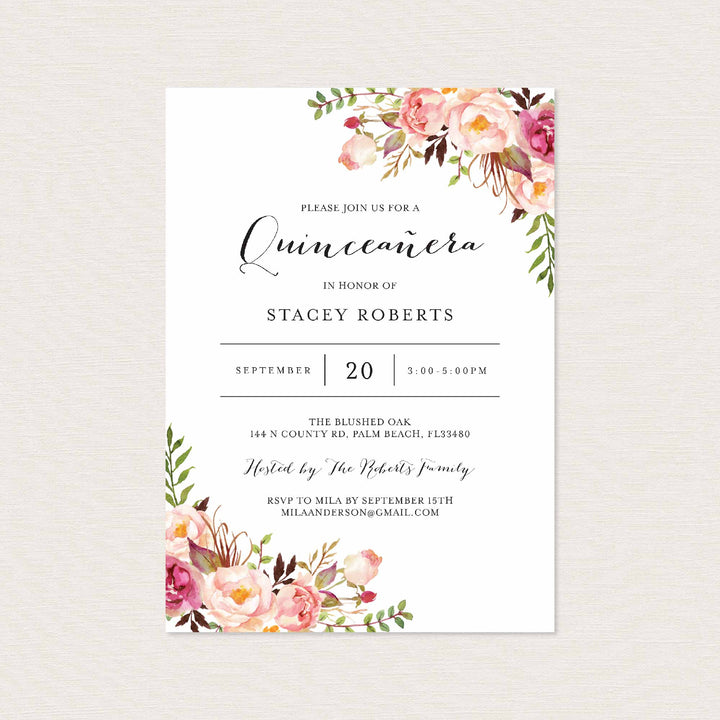 Pink Floral Quinceañera Invitation Printable