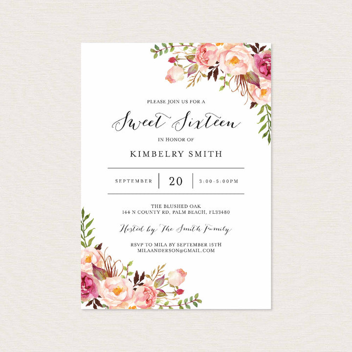 Pink Floral Sweet 16 Birthday Invitation Printable