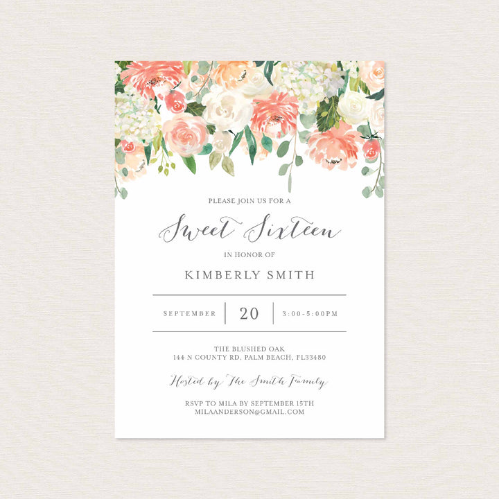 Peach and Cream Sweet 16 Birthday Invitation Printable