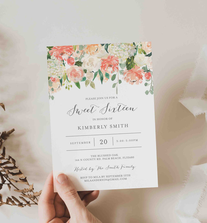 Peach and Cream Sweet 16 Birthday Invitation Printable
