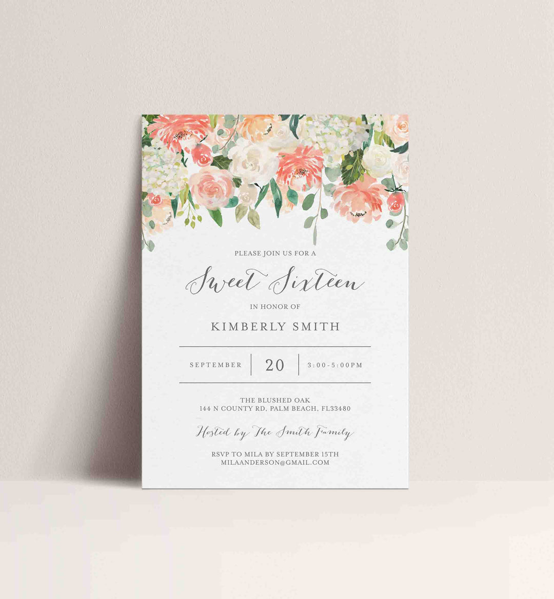 Peach and Cream Sweet 16 Birthday Invitation Printable