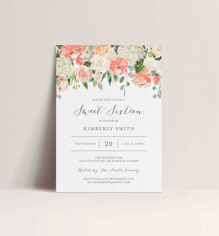 Peach and Cream Sweet 16 Birthday Invitation Printable