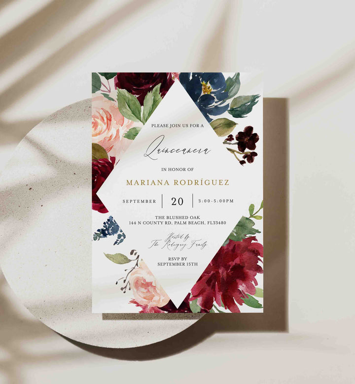 Burgundy Navy Quinceañera Invitation Printable