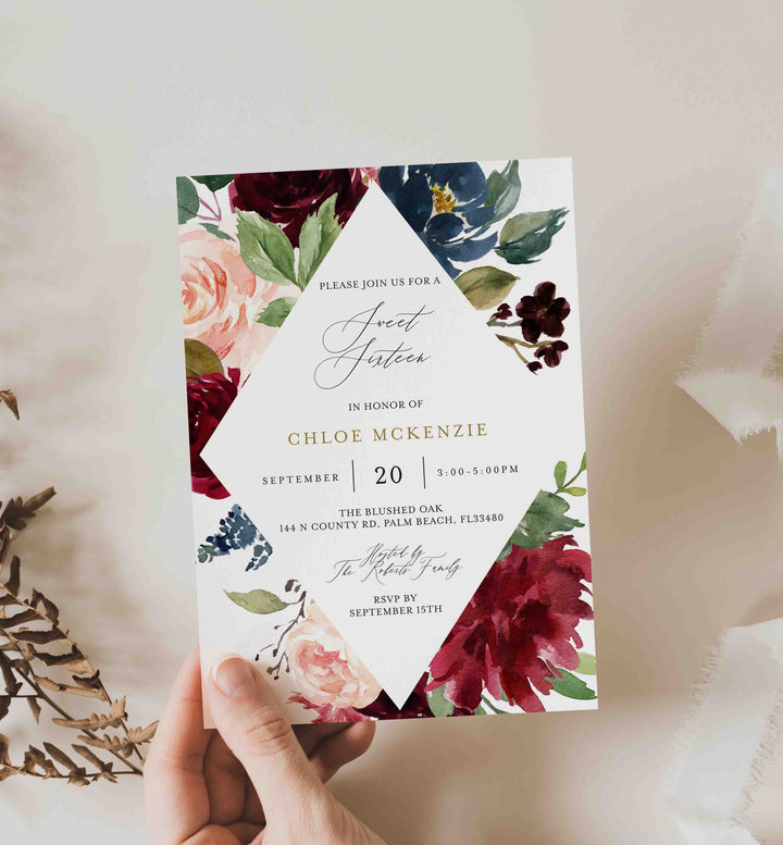 Burgundy Navy Sweet 16 Birthday Invitation Printable