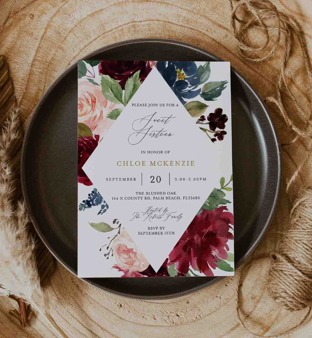 Burgundy Navy Sweet 16 Birthday Invitation Printable