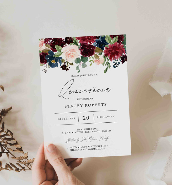 Burgundy Navy Quinceañera Invitation Printable