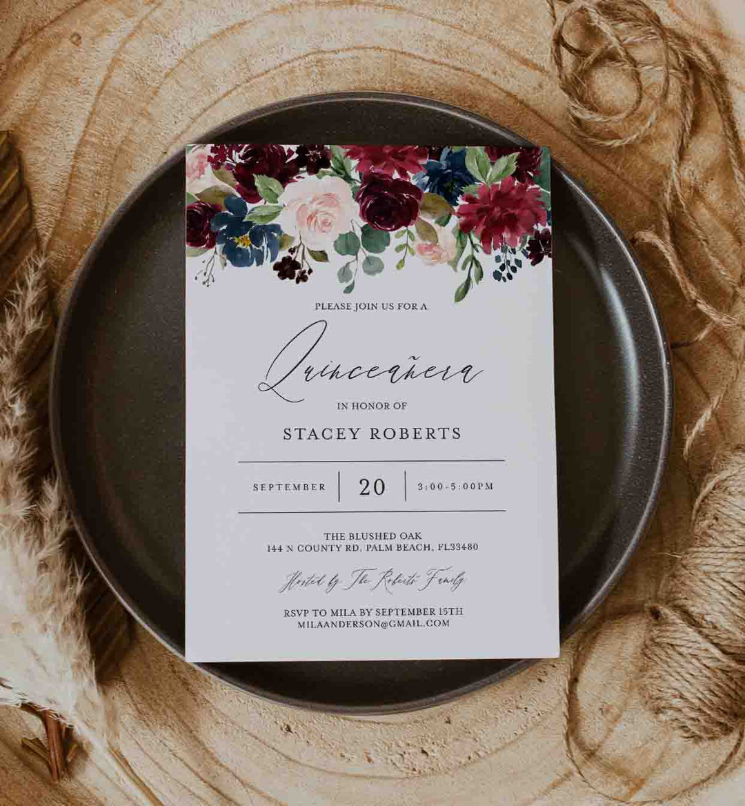 Burgundy Navy Quinceañera Invitation Printable