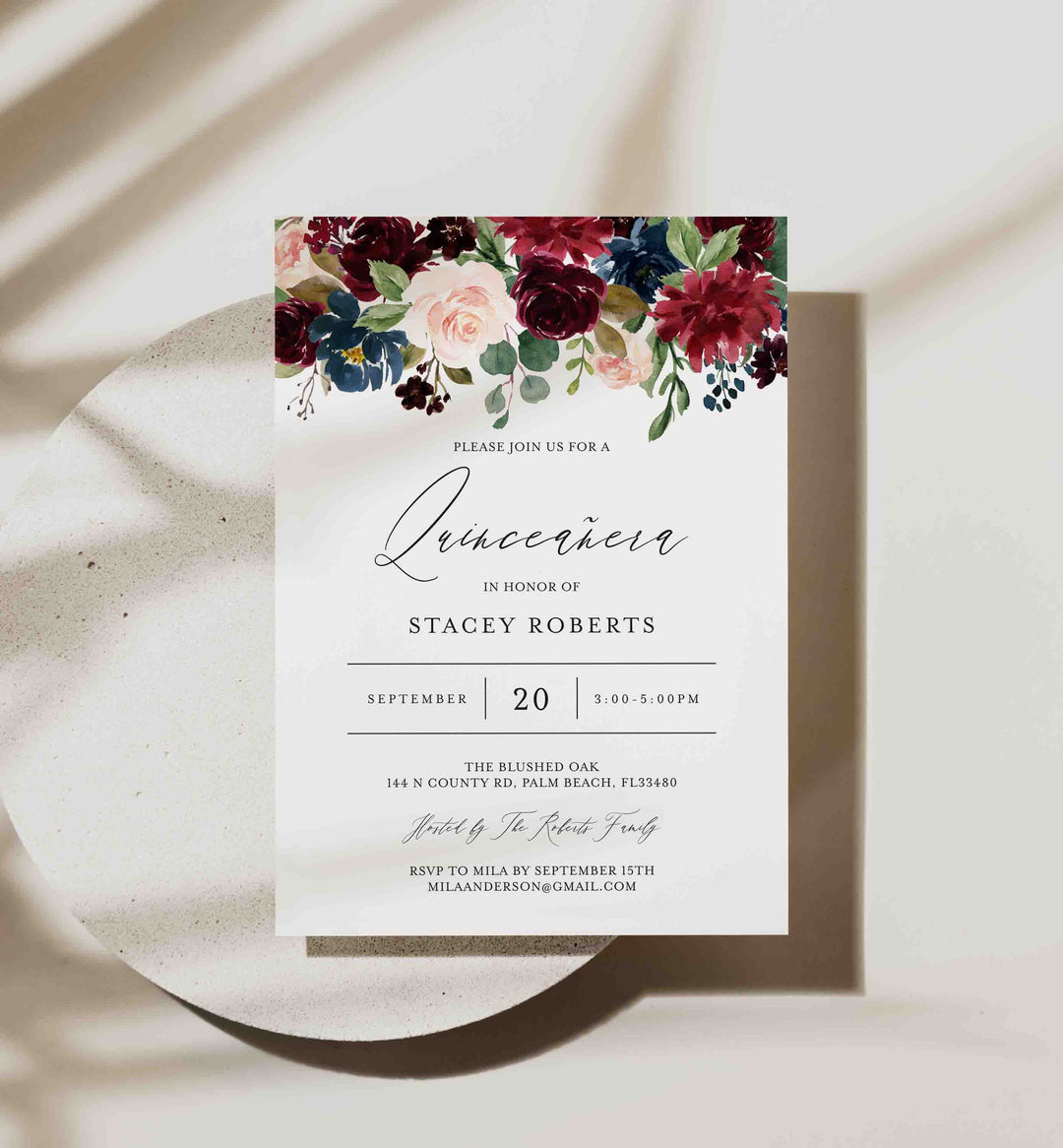 Burgundy Navy Quinceañera Invitation Printable