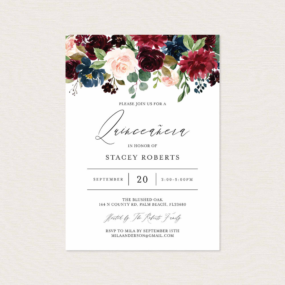 Burgundy Navy Quinceañera Invitation Printable