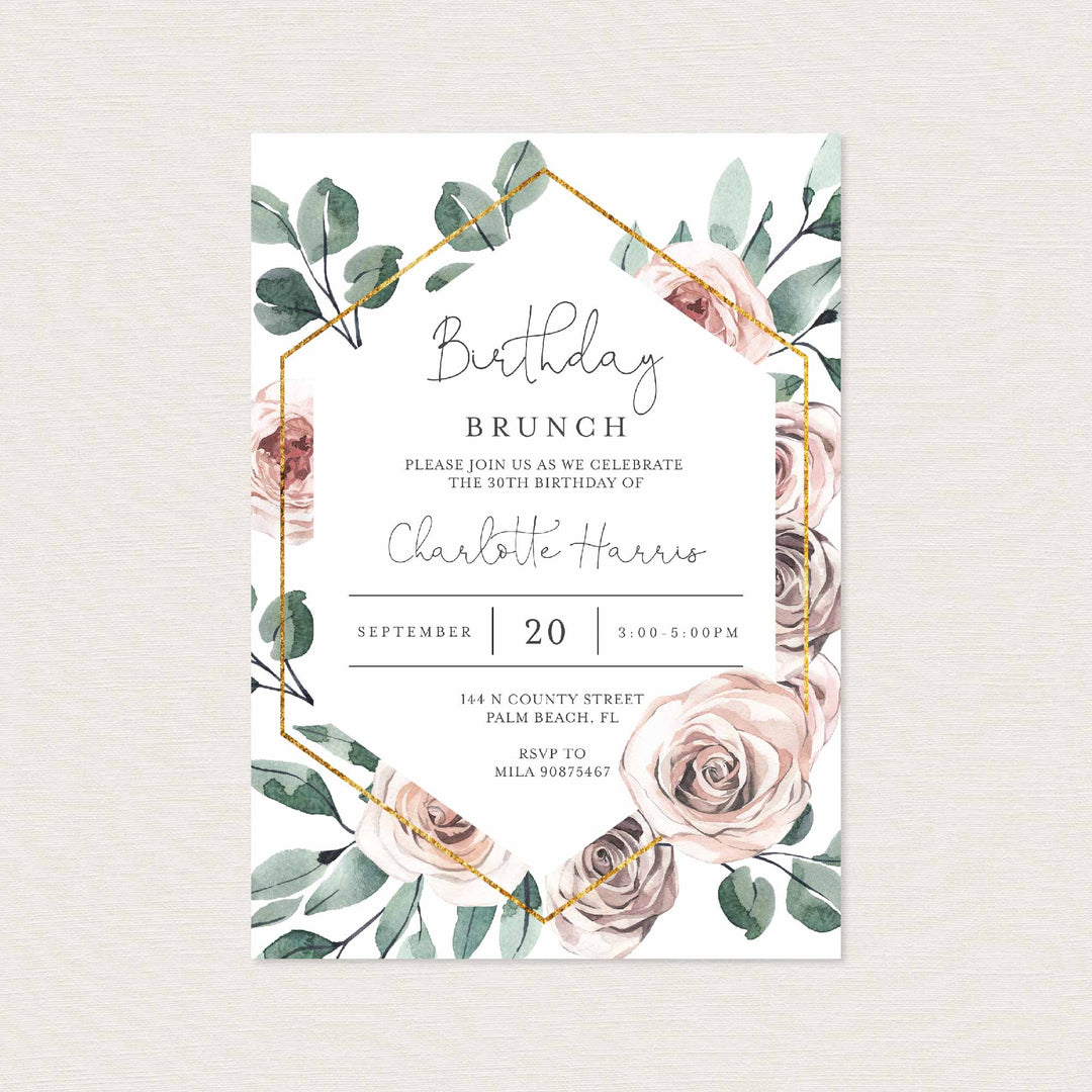 Boho Rose Birthday Brunch Invitation Printable