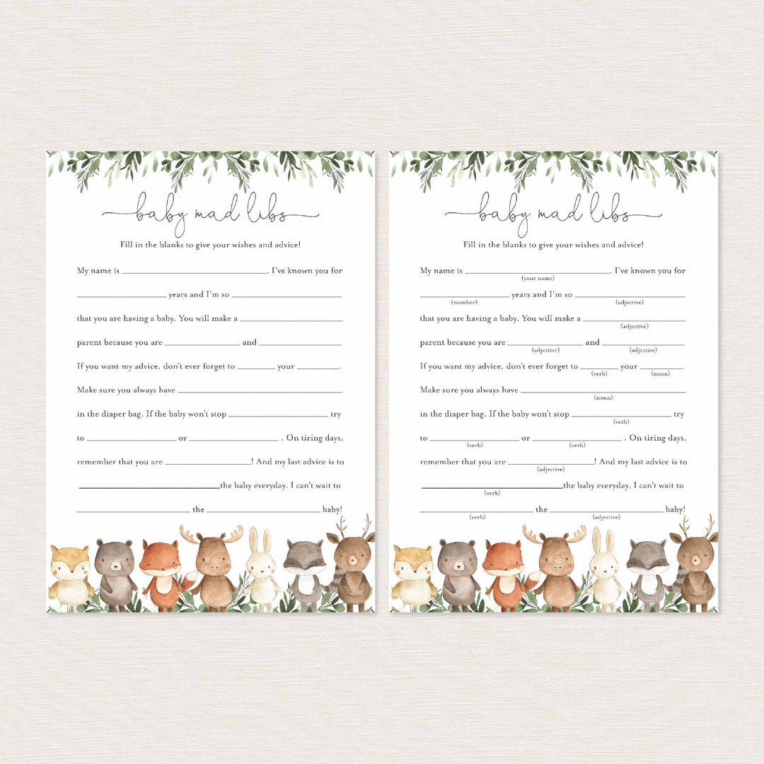 Woodland Friends Baby Shower Mad Libs Printable