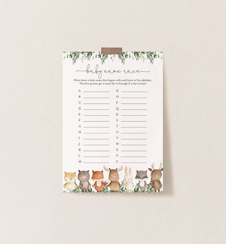 Woodland Friends Baby Shower Name Race Game Printable