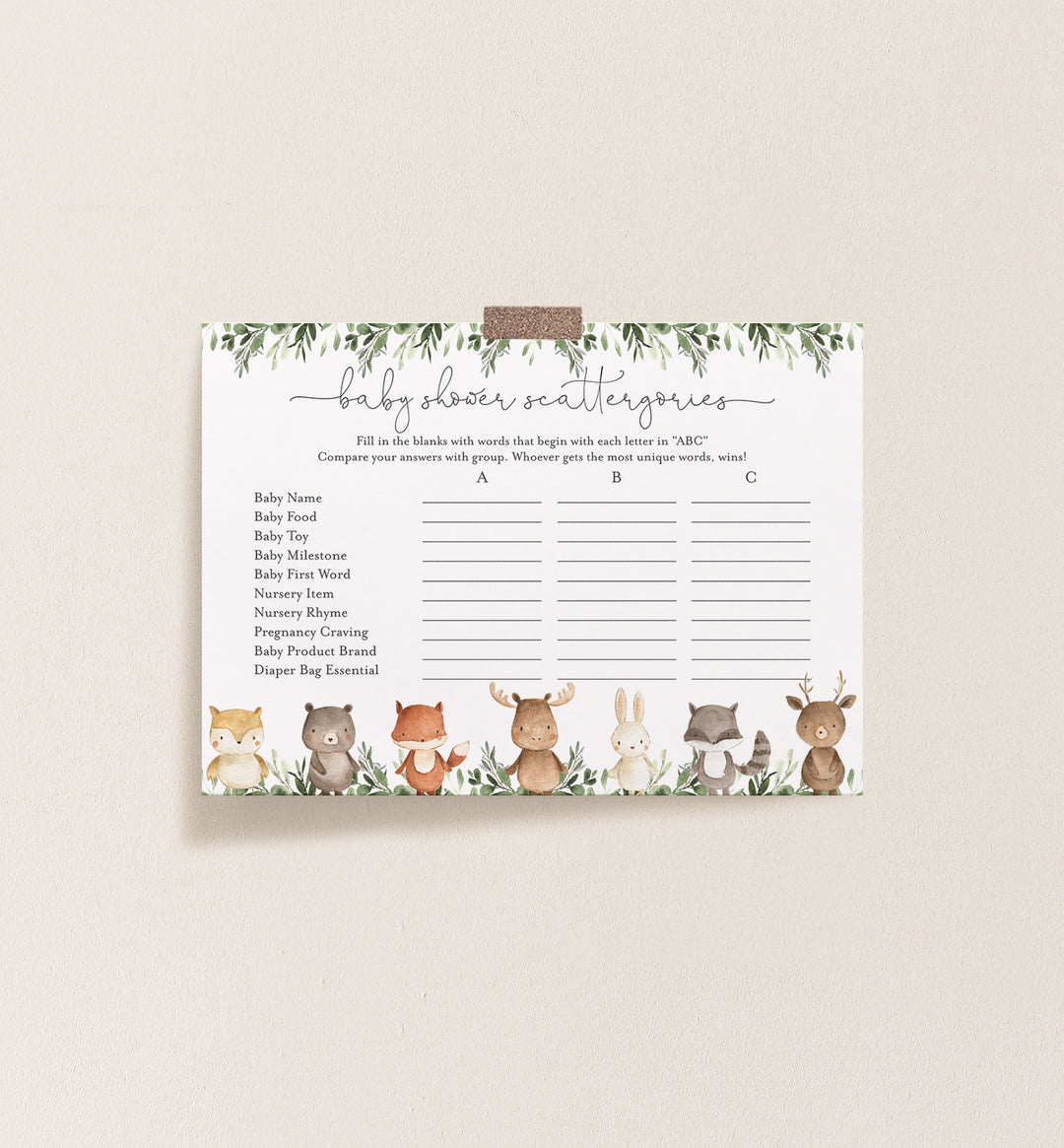 Woodland Friends Baby Shower Scattergories Game Printable