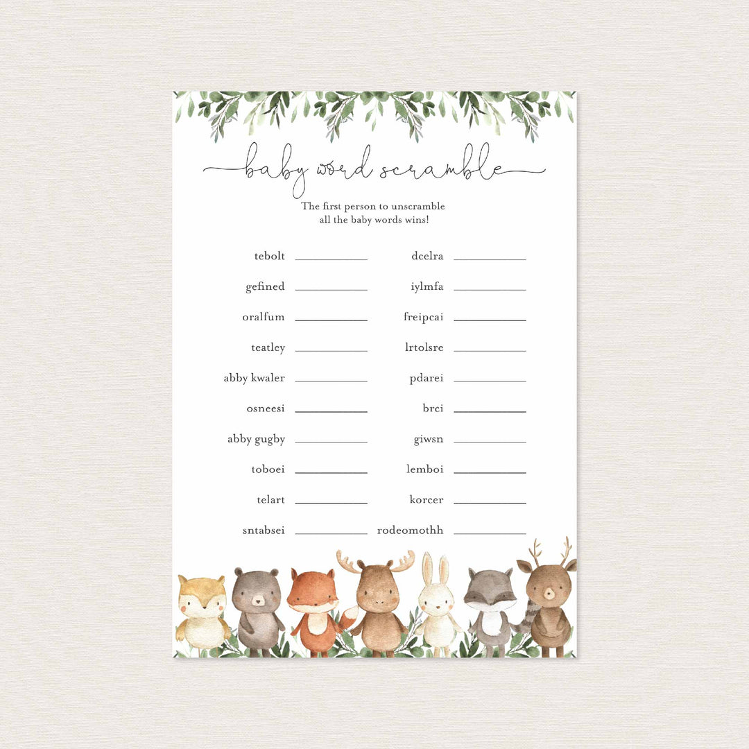 Woodland Friends Baby Shower Word Scramble Game Printable