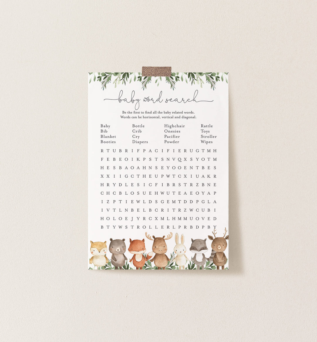 Woodland Friends Baby Shower Word Search Game Printable