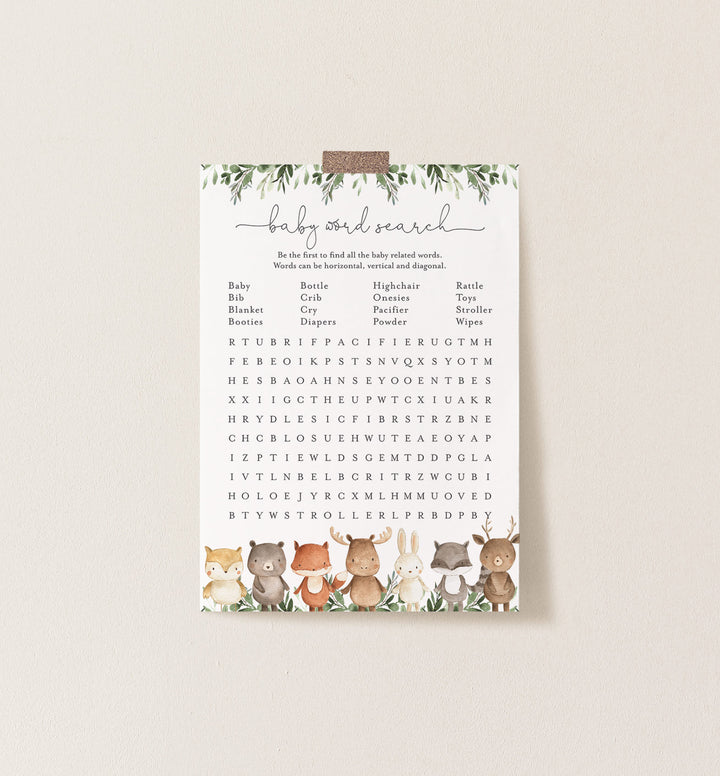 Woodland Friends Baby Shower Word Search Game Printable
