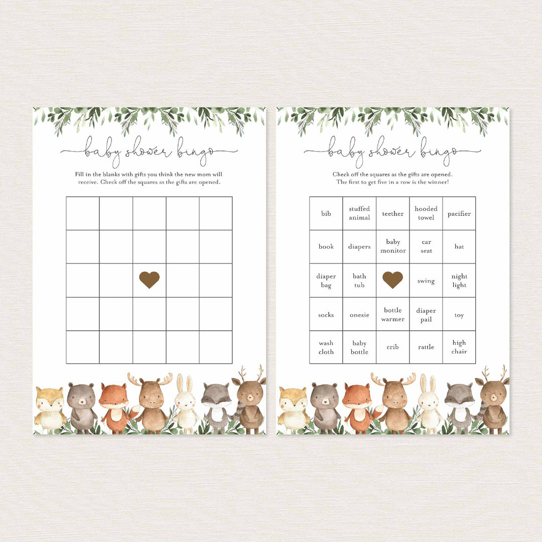 Woodland Friends Baby Shower Bingo Game Printable