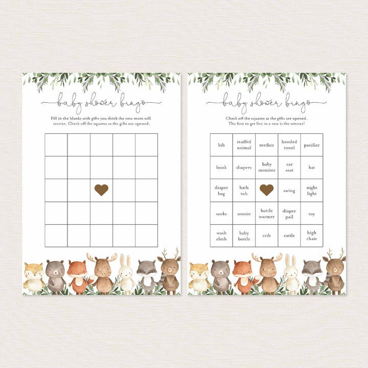 Woodland Friends Baby Shower Bingo Game Printable