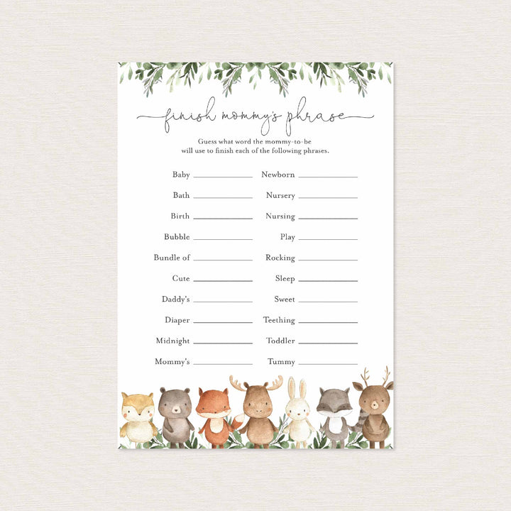 Woodland Friends Baby Shower Finish Mummy's Phrase Game Printable