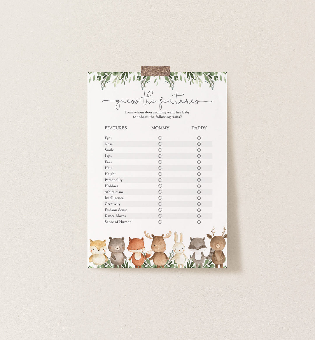 Woodland Friends Baby Shower Guess The Features Game Printable