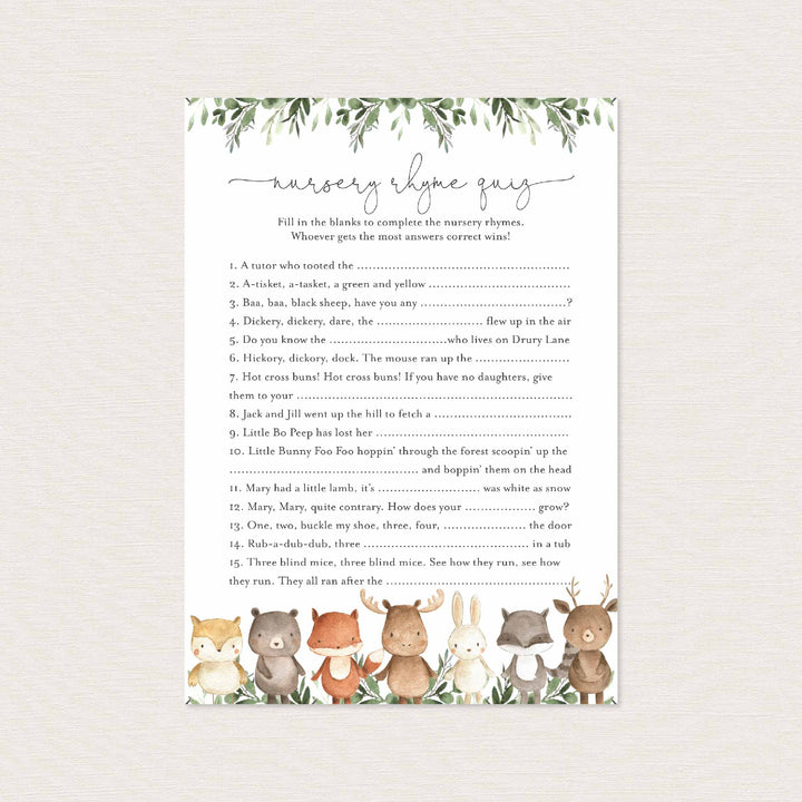 Woodland Friends Baby Shower Nursery Rhyme Quiz Game Printable