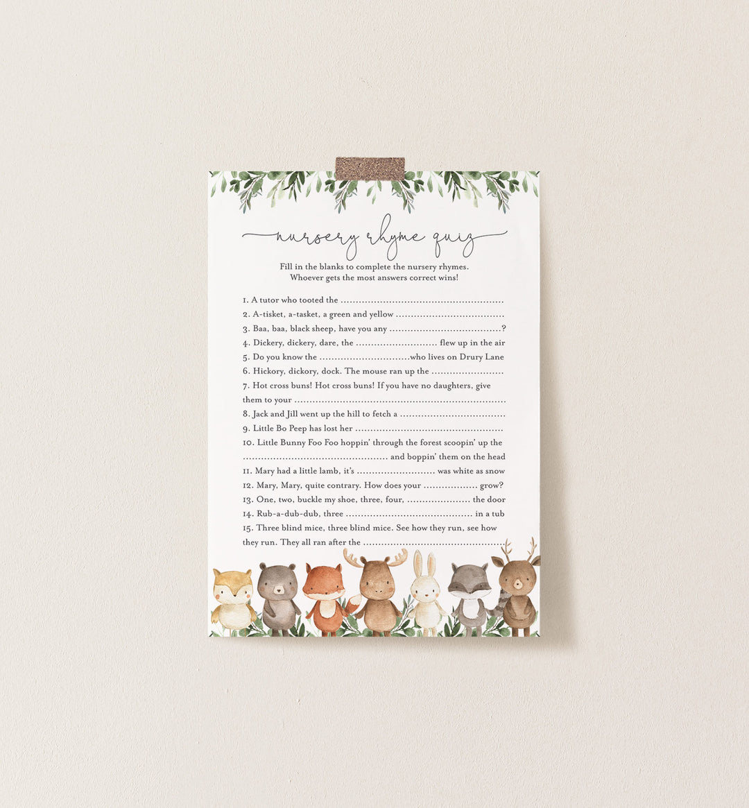 Woodland Friends Baby Shower Nursery Rhyme Quiz Game Printable