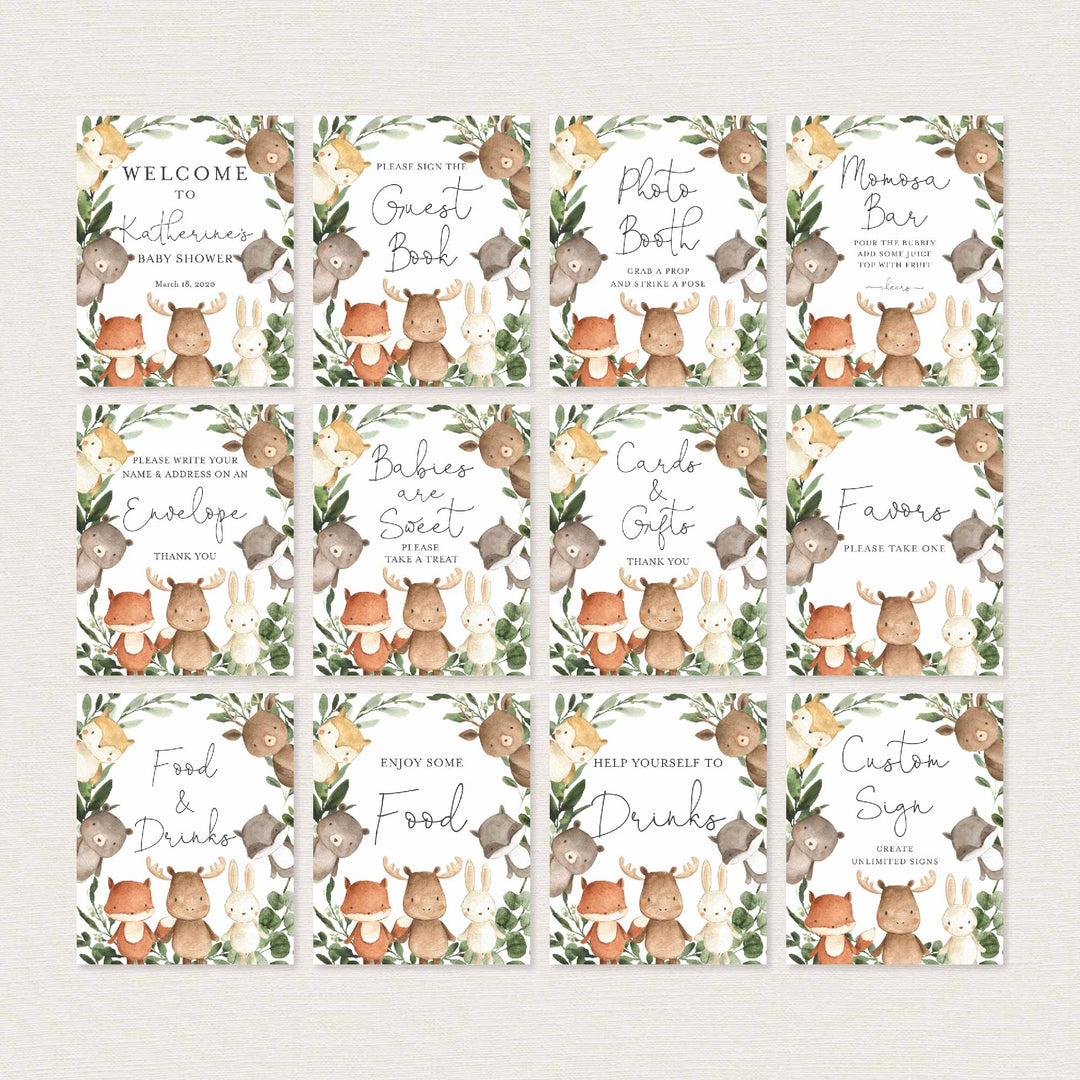 Woodland Friends Baby Shower Table Signs Bundle Printable