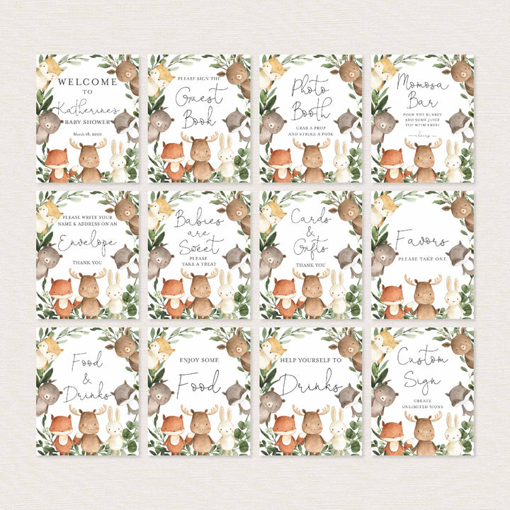 Woodland Friends Baby Shower Table Signs Bundle Printable