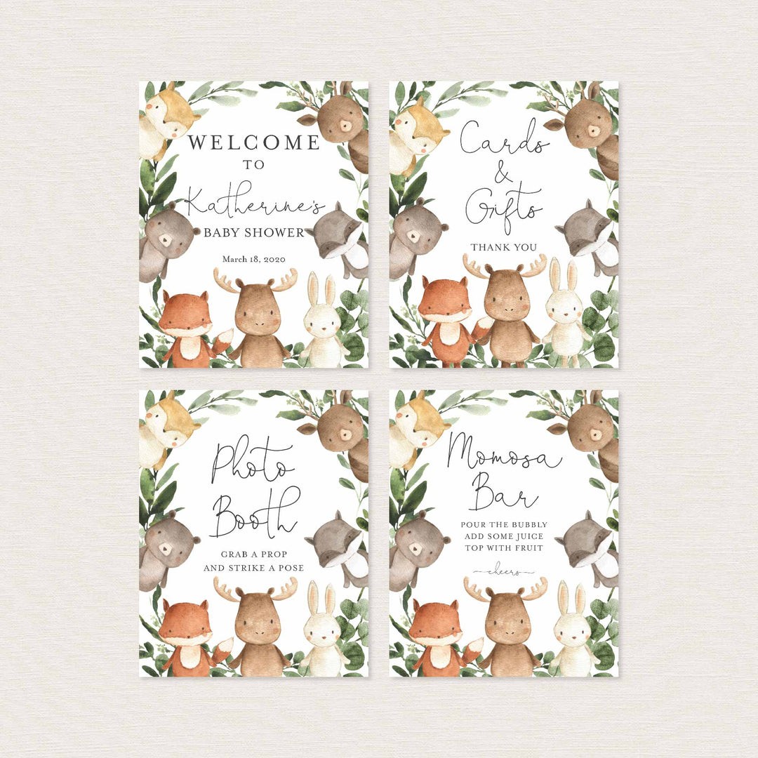 Woodland Friends Baby Shower Table Signs Bundle Printable
