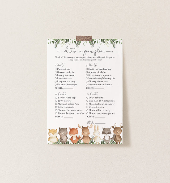 Woodland Friends Baby Shower What's In Your Phone Game Printable