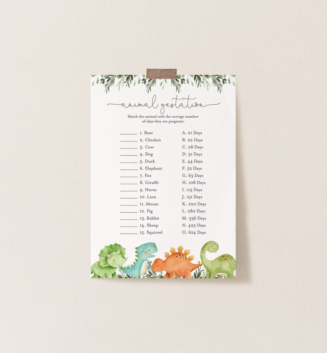 Dinosaurs Baby Shower Animal Gestation Game Printable