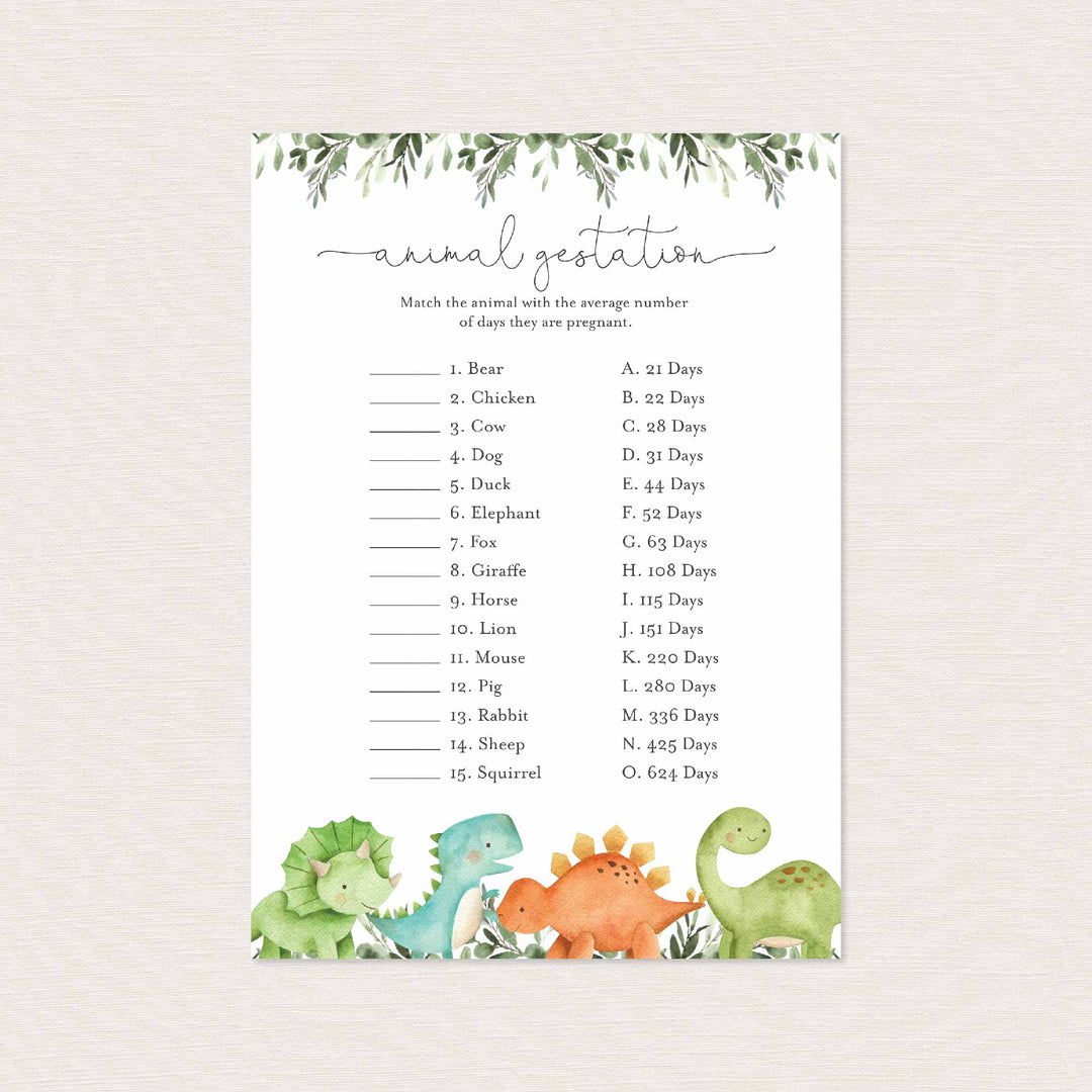 Dinosaurs Baby Shower Animal Gestation Game Printable