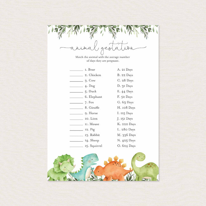 Dinosaurs Baby Shower Animal Gestation Game Printable