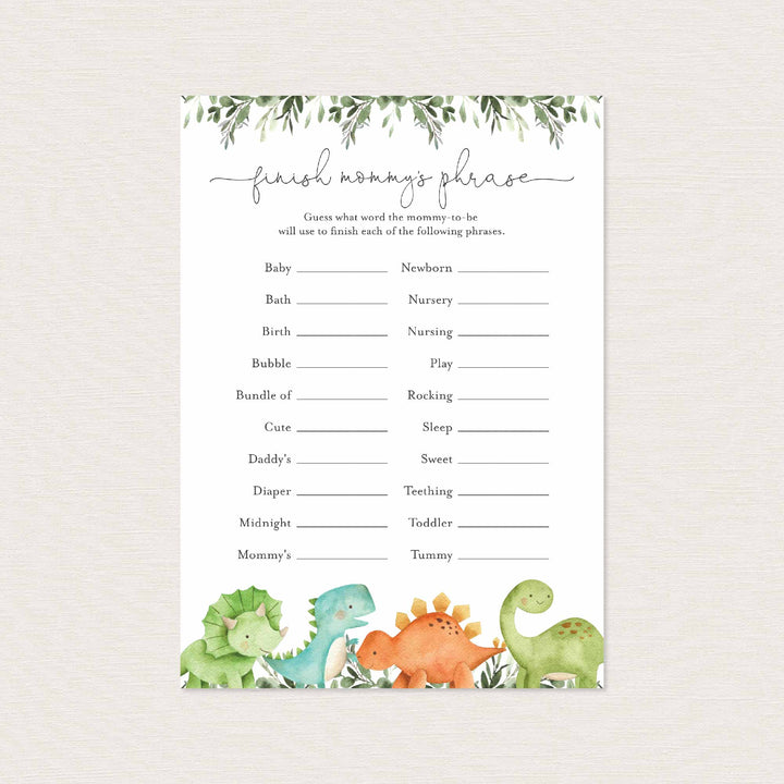 Dinosaurs Baby Shower Finish Mummy's Phrase Game Printable