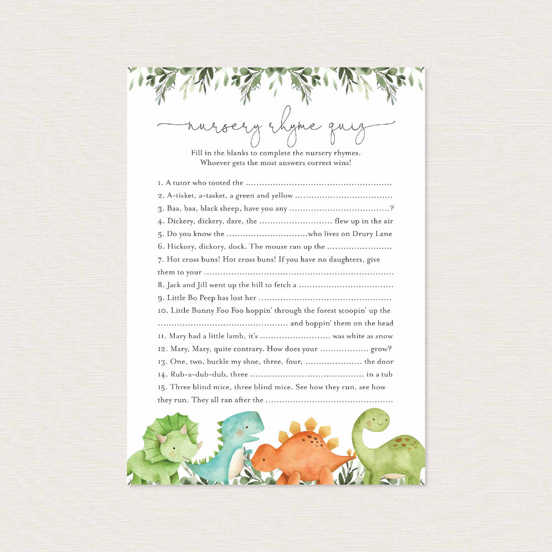 Dinosaurs Baby Shower Nursery Rhyme Quiz Game Printable