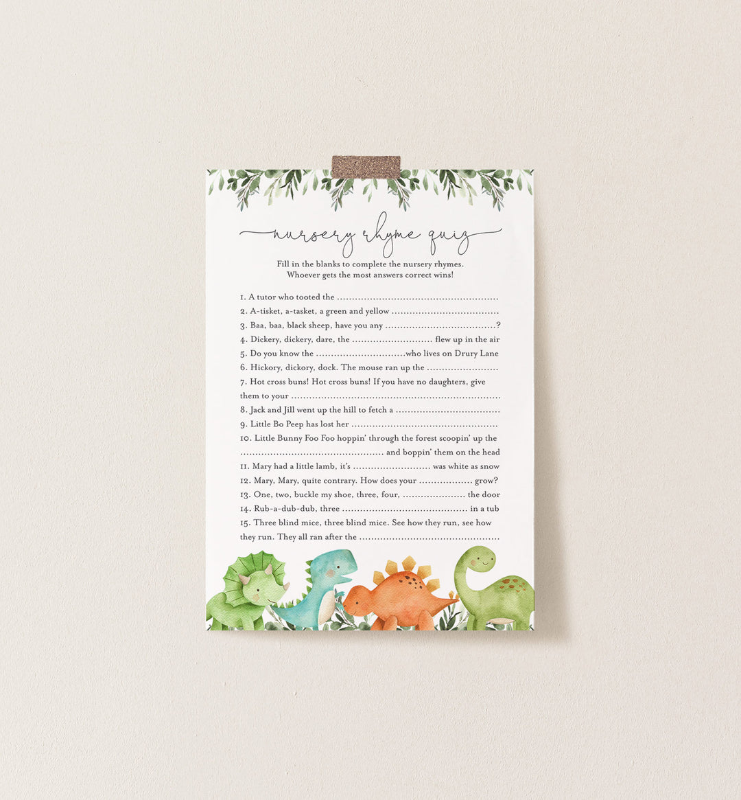 Dinosaurs Baby Shower Nursery Rhyme Quiz Game Printable