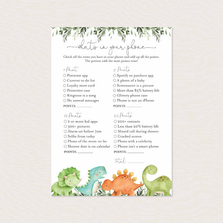 Dinosaurs Baby Shower What's In Your Phone Game Printable