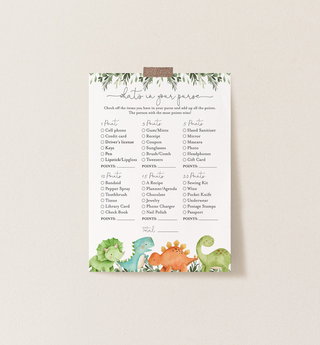 Dinosaurs Baby Shower What's In Your Purse Game Printable
