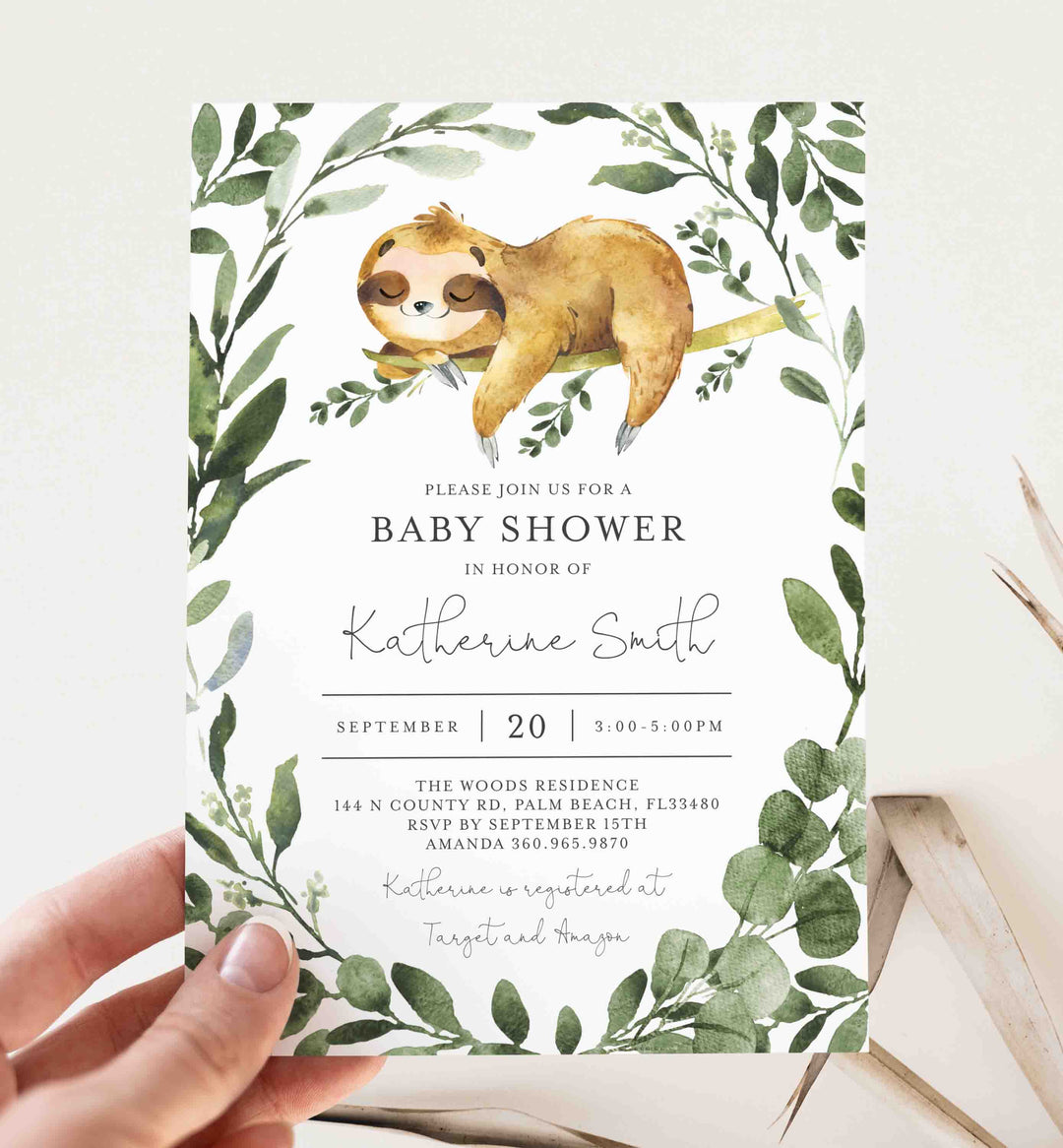 Sleeping Sloth Baby Shower Invitation Printable