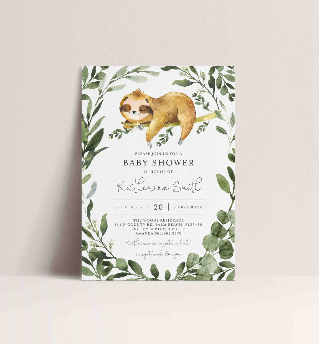 Sleeping Sloth Baby Shower Invitation Printable