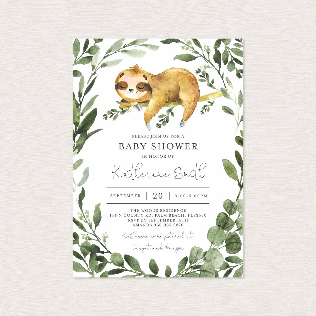 Sleeping Sloth Baby Shower Invitation Printable