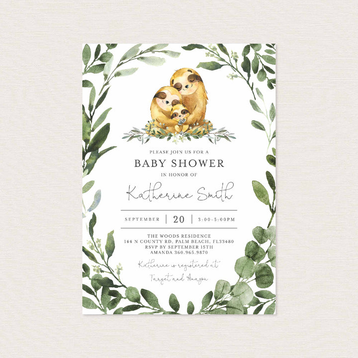 Sloth Family Baby Shower Invitation Printable