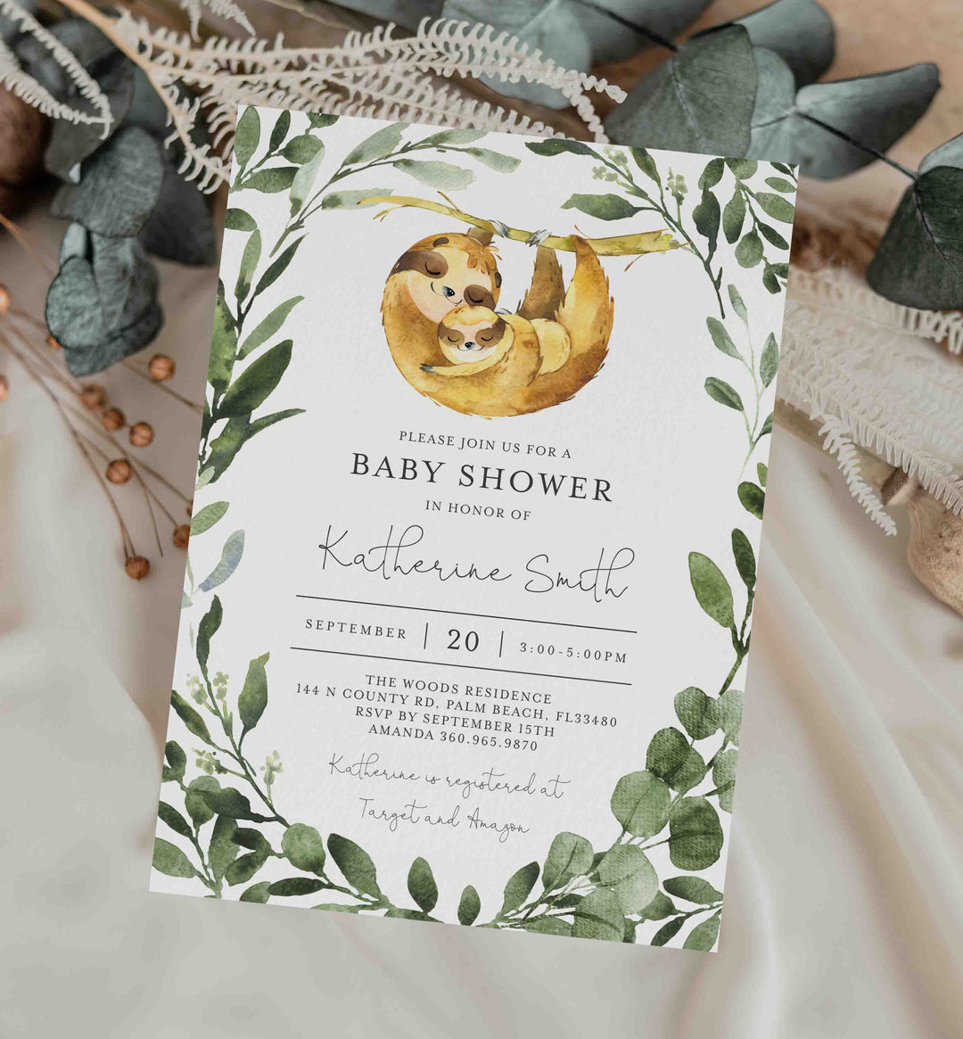 Mummy Baby Sloth Baby Shower Invitation Printable