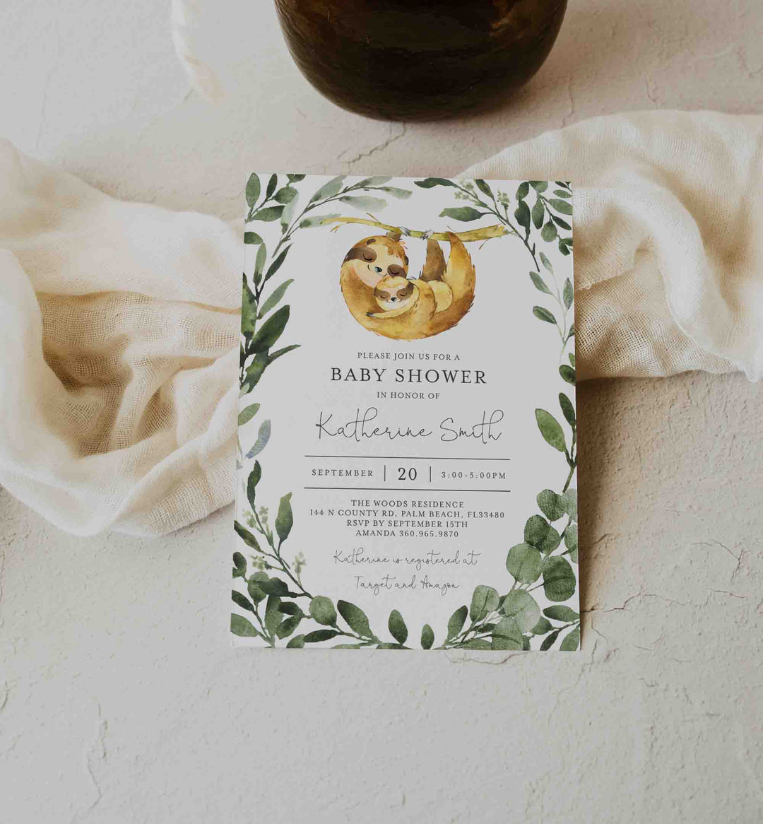 Mummy Baby Sloth Baby Shower Invitation Printable